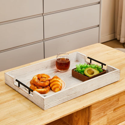Ottoman Tray Large Serving Trays Farmhouse Decor Wooden Coffee Table Platter with Handles White Tray for Bed Kitchen Living Room 19 * 14Inch
