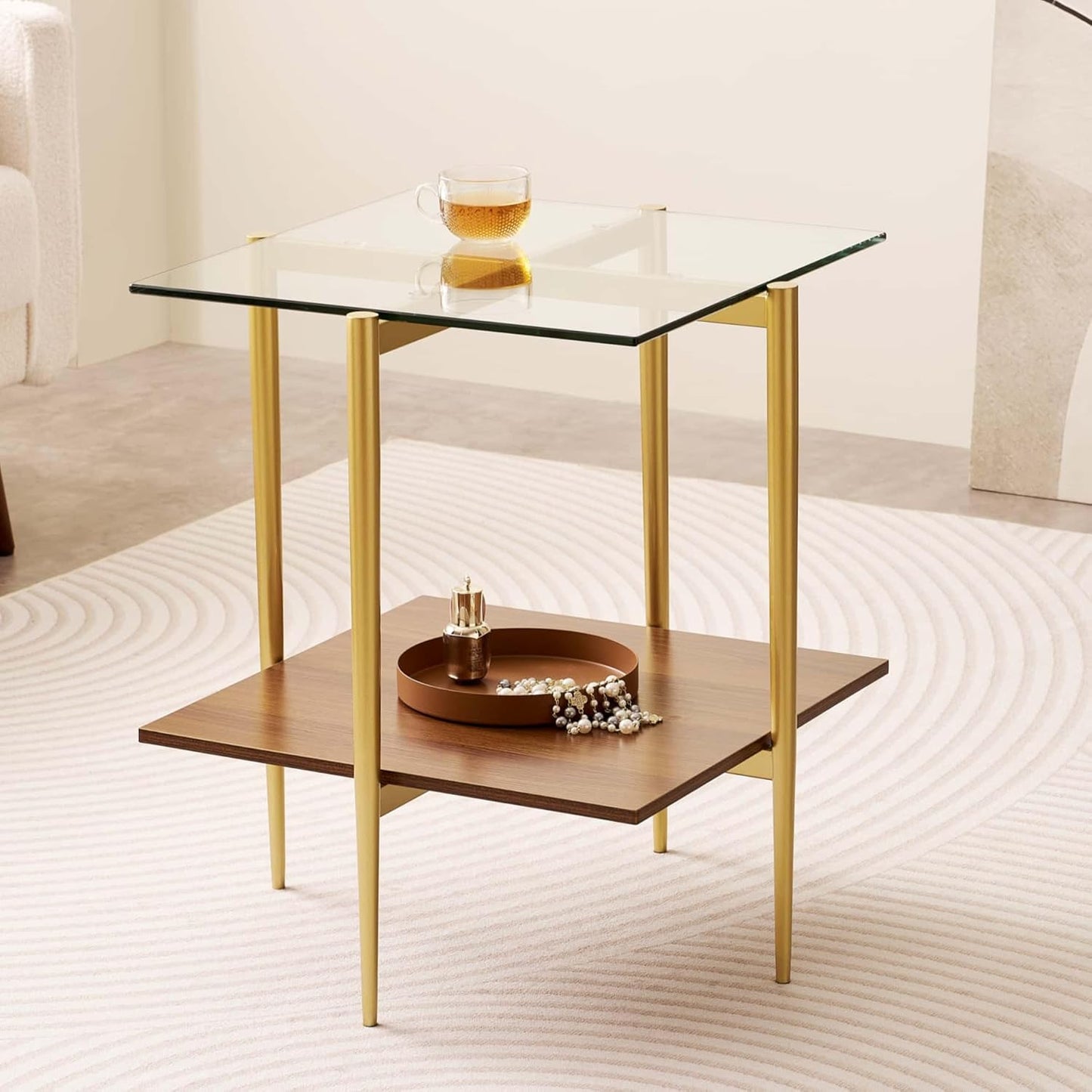 Glass End Table, Mid-Century Modern Design Sofa Table, for Living Room, 2-Tier Structure, Clear Glass Top and Walnut MDF Shelf, Sleek Conical Metal Legs with Gold Finish Frame