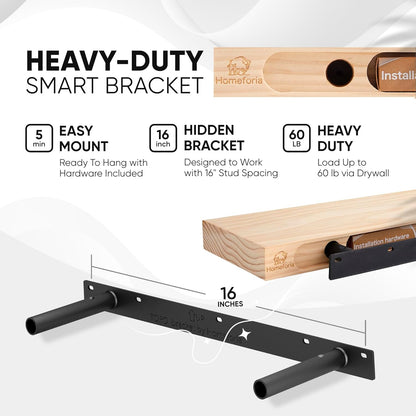 Homeforia Black Floating Shelves 24 inch, High End Solid Real Wood 24inch Bathroom Floating Shelf for Wall Mounted, Black Wooden 24in Floating Shelves, Heavy Duty Bracket, 24 X 6.5 X 1.75 in, Set of 2