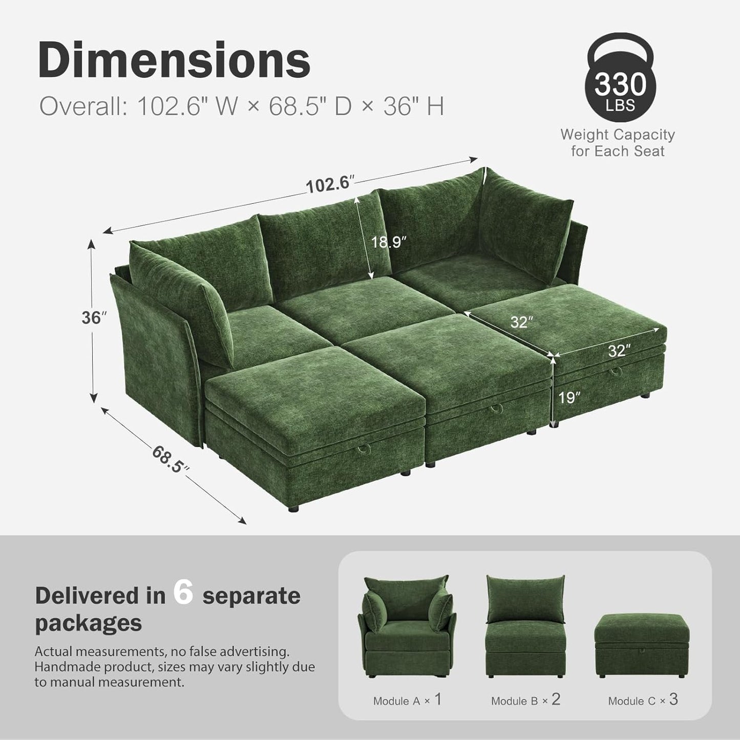 102.6" Luxury Modular Sleeper Sofa Bed 6 Seat Reversible Sectional Couch Deep Seat with Storage Chaises Removable Cover for Living Room, Apartment - Chenille Green