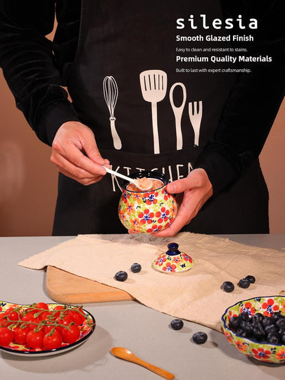 silesia Handmade Sugar Bowl with Lid and Spoon, 9 Ounce Ceramic Hand-Painted Sugar Jar for Home in Gift Box, Kitchen Decor, Oven, Dishwasher & Microwave Safe, Jungle Floral