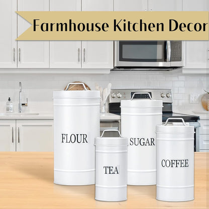 Farmhouse Canister Set for Kitchen Countertop, Airtight Nesting Kitchen Canisters Set of 4, Mental Flour Sugar Coffee Tea Storage Canister Jars, Vintage Country Design, White