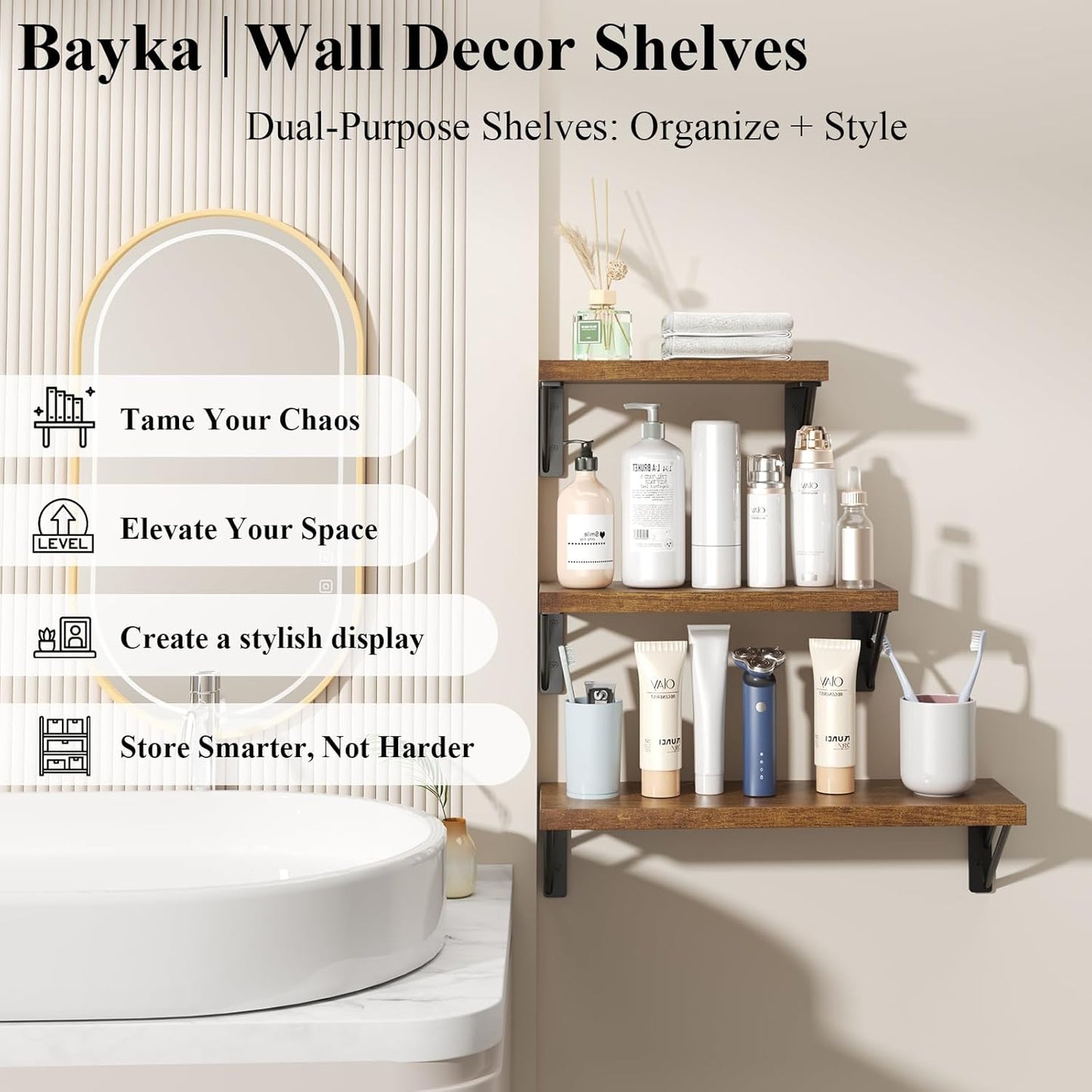 BAYKA Floating Shelves for Wall, Book Shelf for Bedroom, Wall Decor Shelves for Living Room Kitchen, Mounted Wood Floating Shelf for Home Decor, Corner Shelf for Bathroom, Office(Set of 3)