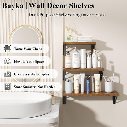 BAYKA Floating Shelves for Wall, Book Shelf for Bedroom, Wall Decor Shelves for Living Room Kitchen, Mounted Wood Floating Shelf for Home Decor, Corner Shelf for Bathroom, Office(Set of 3)