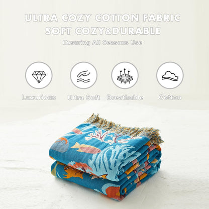 MSGKV Throw Blanket for Couch Cotton Muslin Breathable Cute Ocean Animals Blanket 50"x60" Sofa Chair Blankets for All Seasons Lightweight Farmhouse Blankets Home Decor