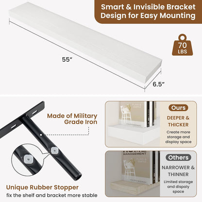 fuqing Floating Shelves for Wall, Bathroom Shelf Wall Mounted for Storage, Shelves with Invisible Bracket for Bedroom, Kitchen, Living Room, Farmhouse Small Book Shelf, 55 Inch Set of 2, White