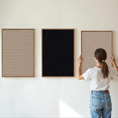 Tinonedraw Mid Century Modern Framed Canvas Wall Art Set of 3, Neutral Abstract Art Prints, Black and Brown Geometric Minimalist Wall Decor for Living Room Bedroom Office Dining Room 16"x24"x3