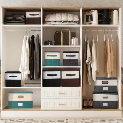 Large Linen Fabric Foldable Storage Bins with Removable Lid and Handles, Washable Storage Box Organizer Containers Baskets Cube with Cover for Bedroom,Closet,Office,Nursery(Grey&Cream, Medium)