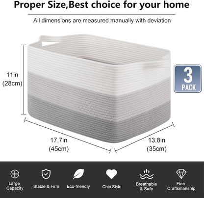 OIAHOMY Rectangle Woven Storage Basket - Nursery Cotton Rope Baskets for Storage, Toy Basket Organizing for Living Room, 17.7"x13.8"x11"- Pack of 3 - Gradient Gray