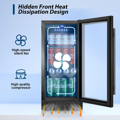 Tylza 15 Inch Beverage Refrigerator, Under Counter/Freestanding Drink Fridge, 130 Cans Beverage Cooler with Glass Door, Reversible Door, Low Noise, Quick Cooling - for Beer, Soda, ETC, Black