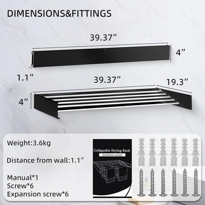 Laundry Drying Rack Collapsible, Wall Mounted Clothes Drying Rack. 39.37" Wide, 19.3 Linear Ft, 5 Aluminum Rods, with Wall Template, Screwdriver Bit (Black 1M)