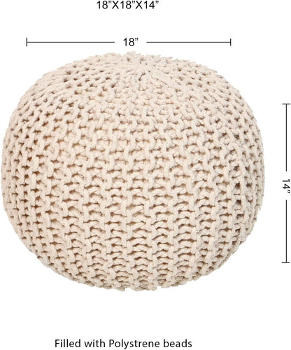 REDEARTH Round Pouf Ottoman - Cable Knitted Boho Poof - Home Décor Cord Pouffe Handmade Circular Footrest for Living Room - Bedroom - Kids Bedroom - 100% Cotton Pouf (18" x 18" x 14") - Ivory