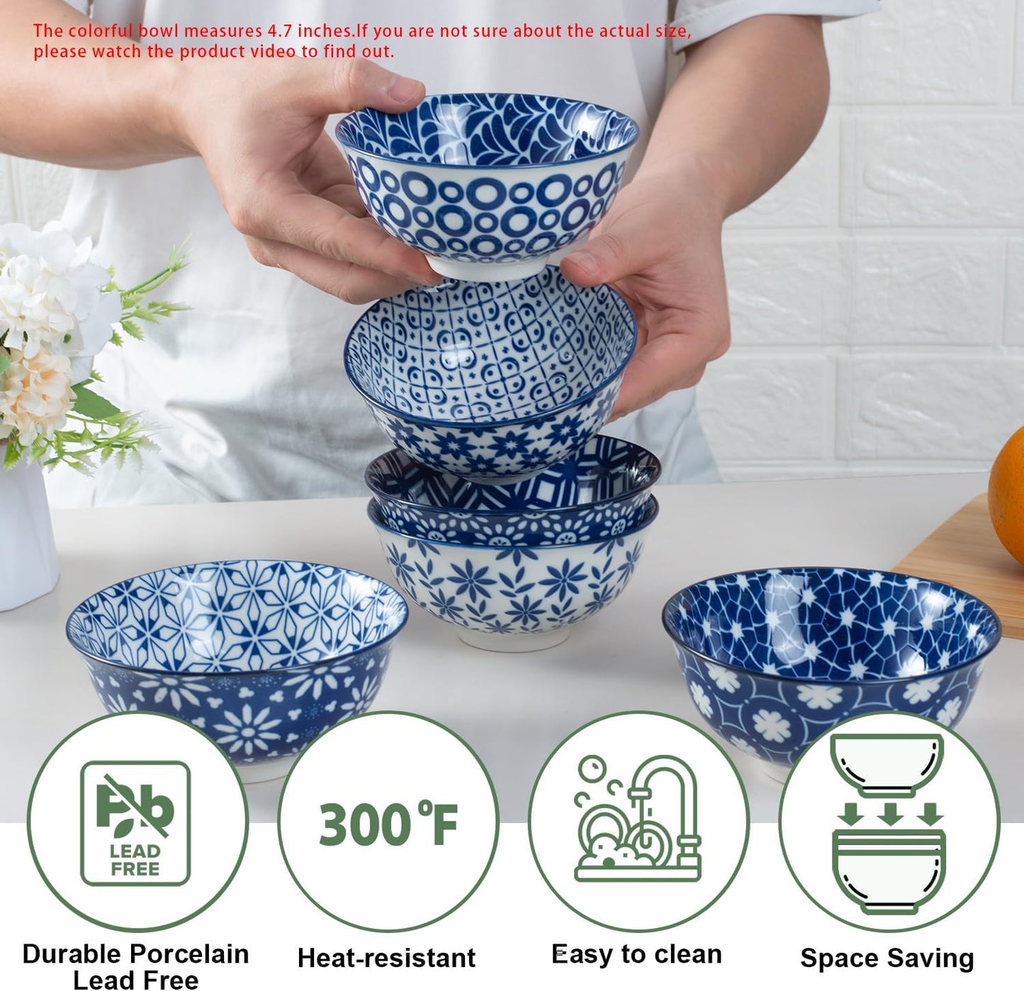 Blue and White Ceramic Bowls Set of 6, 4.7in Small Dessert bowl 10 oz for ice cream, Snack, Porcelain bowl for Dipping,Dishwasher/Microwave safe