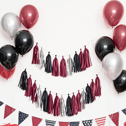 Tassel Garland Tissue Paper Tassel Banner,Tassels Party Decorations for Wedding,Birthday,Bridal/Baby Shower,Pack of 15 (Burgundy/Black/Silver)