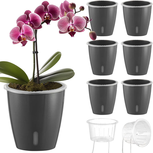 Self Watering Pots for Indoor Plants, 6-Pack 5'' Self Watering Planter with Drainage Holes, Small African Violet Pots with Water Indicator, Clear Wick Orchid Pot, Grey Gold