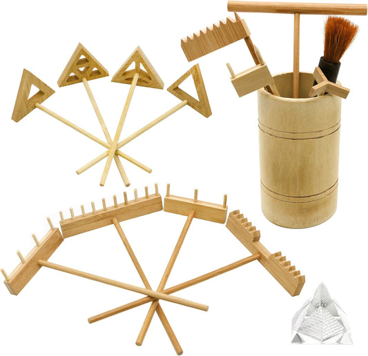 Zen Garden Rake Tool Kit - Miniature Tabletop Japanese Rock Sand Zen Garden Accessories Mini Bamboo Sand Stamp Rakes for Zen Pattern with Holder Crystal Pyramid Meditation Stress Relief Zen Gifts
