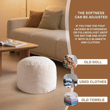 Round Stuffed Pouf Ottoman, Foot Stools Ottoman,Corduroy Poufs with Foam Chunk Filling, Furry and Fluffy Storage Ottomans, 20 X 15 Floor Poufs Foot Rest for Living Room