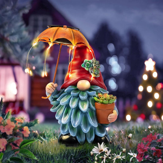 Solar Outdoor Statues Gnome Garden Decor, Garden Gnome with Solar LED Umbrella Decorative for