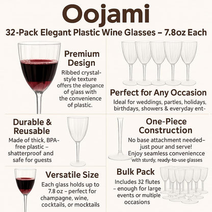 Oojami Elegant Plastic Champagne Flutes - 32 PCS, 7.8oz Disposable & Reusable Wine Glasses - Perfect for Home, Parties, Weddings, Birthdays & Celebrations (32, Clear)