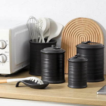 Nihow Food Storage Jar Sets: Ceramic Container with Air Tight Lid for Flour/Sugar/Rice/Coffee/Cookies/Candy - Seal Damp-proof Canister for The Kitchen - Set of 3 （Matte Black）