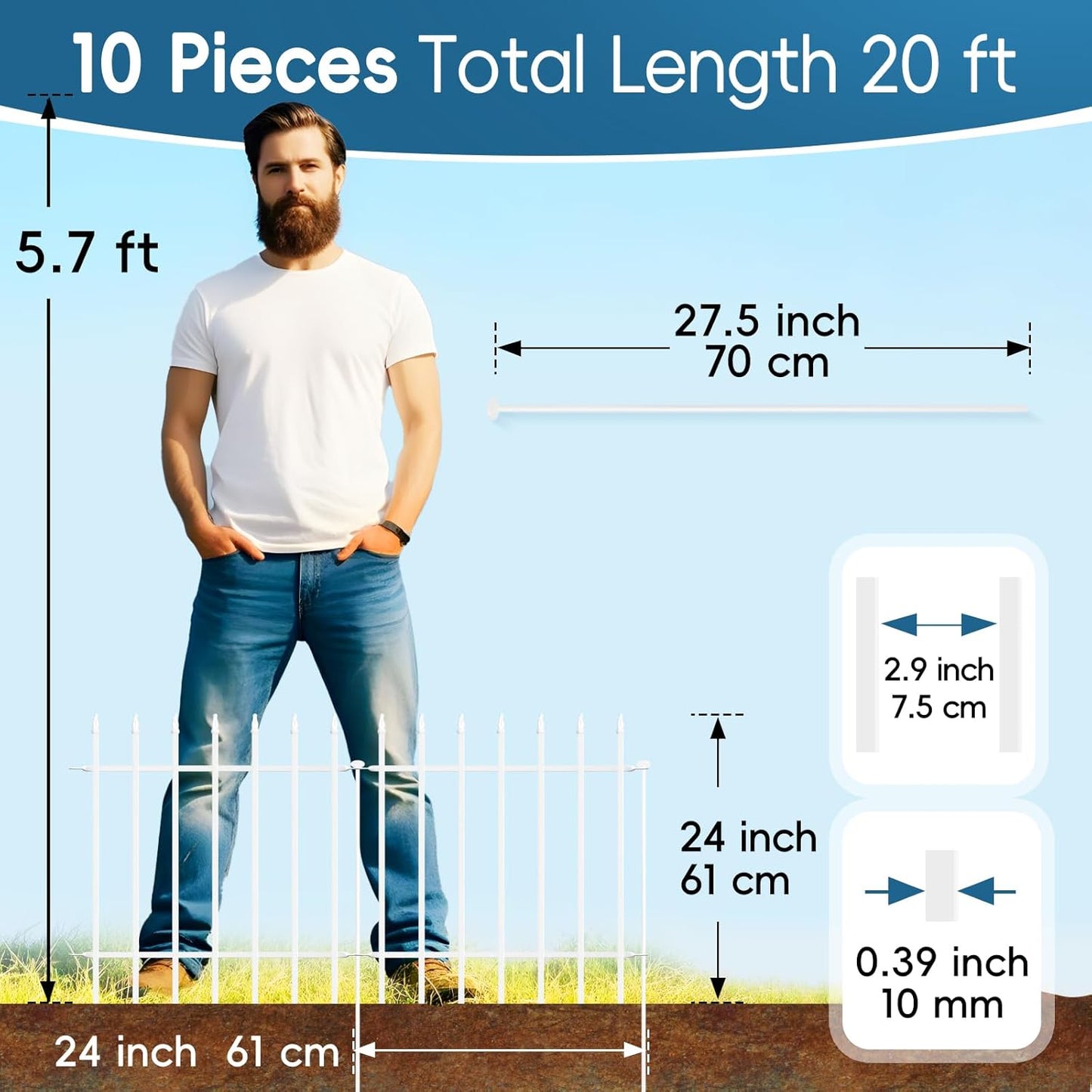 Metal Garden Fence 24" W x 24" H (10 Panels, Total 20 ft), Decorative Border Folding Fence, Landscape Fencing for Flower Bed, Yard, Animal Barrier