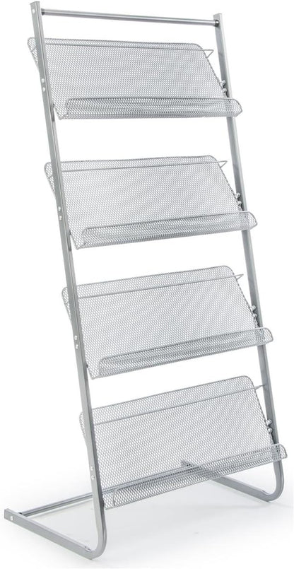 Displays2go Magazine Rack for Offices, Stores or Retail, (4) Mesh Shelves, 23.5" x 9" Trays, 50" H (Silver Steel)