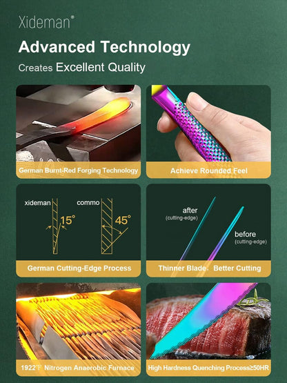 16-Piece Modern Hammered Rainbow Silverware Set with Ultra Sharp 2-IN-1 Serrated Knife, 18/10 Stainless Steel Iridescent Flatware Set Service for 4, Luxury Cutlery Set, Forks Spoons Knives Set