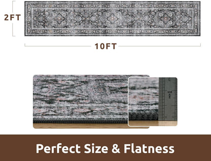 AMOAMI-2X10 Runner Rug-Washable Runners for Hallways-Soft Non Slip Bedside Rugs for Bedroom-Vintage Long Rug for Hallways Entryway Laundry Room Stair Kitchen Bathroom Dark Grey & Black