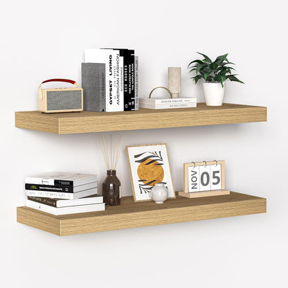 Fun Memories Floating Shelves - 24 Inch Rustic Wooden Wall Shelves - Extra Deeper & Thicker Wall Mounted Storage Shelf for Living Room, Kitchen, Farmhouse - 24" x 9" x 1.6" 2Pack, Oak