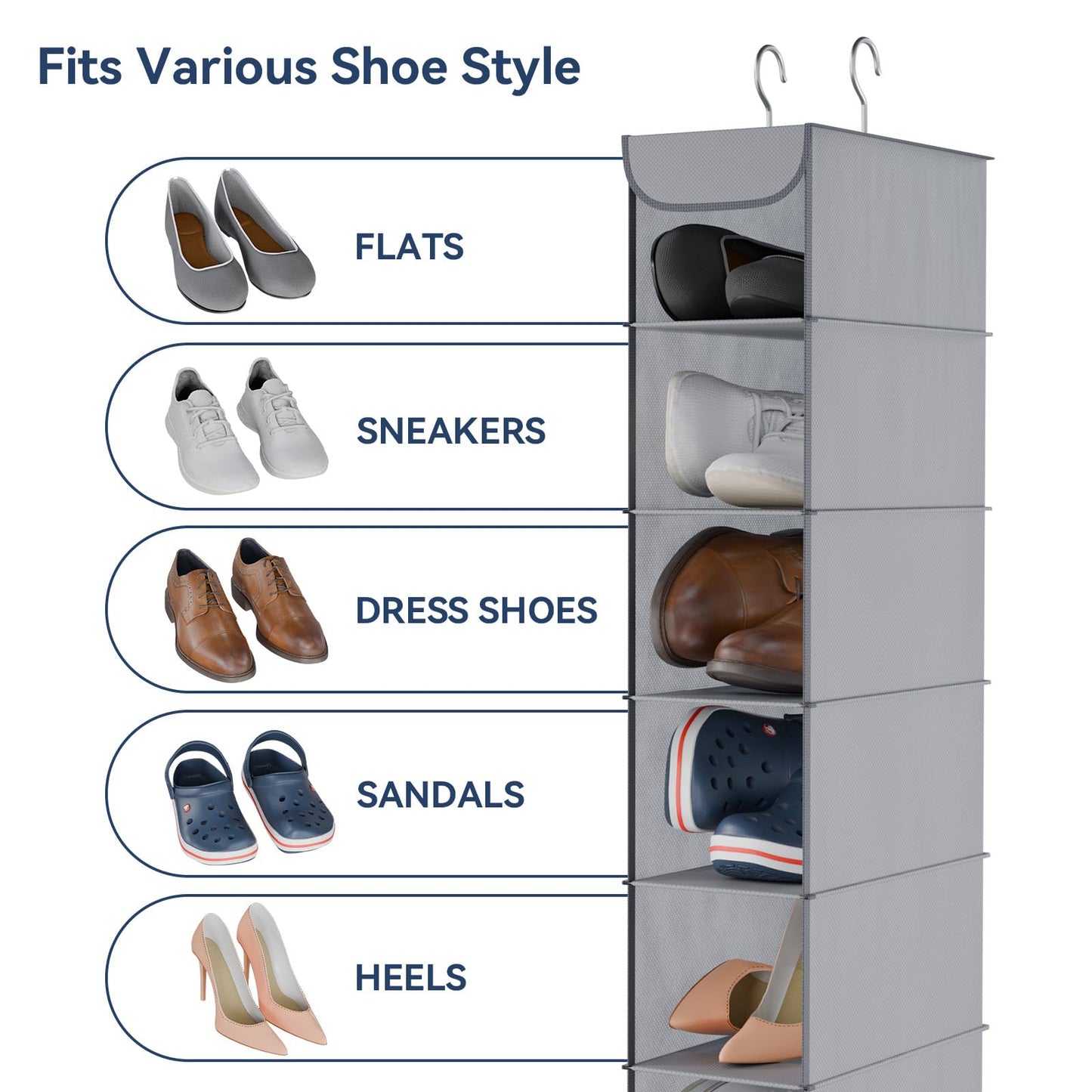 Whitmor Hanging Shoe Organizer, 8 Shelves-Hanging Closet Organizer, Hanging Shoe Rack for Small