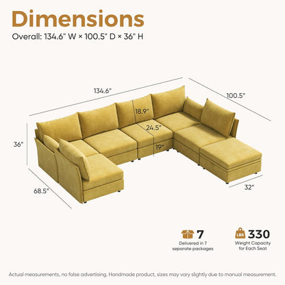 134.6" Oversized Modular Sectional Sofa, Large 7 Seater U Shaped Couch with Storage Ottoman with Reversible Chaise Deep Seat for Living Room, Apartment - Chenille Yellow