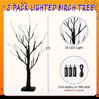 Halloween Decorations Indoor,2 Pack 2FT Birch Tree with 24 Orange and Purple LED Lights,Black Spooky Halloween Tree for Holiday Party,Tabletop Decor for Home,Office,Christmas,Fireplace,Mantle