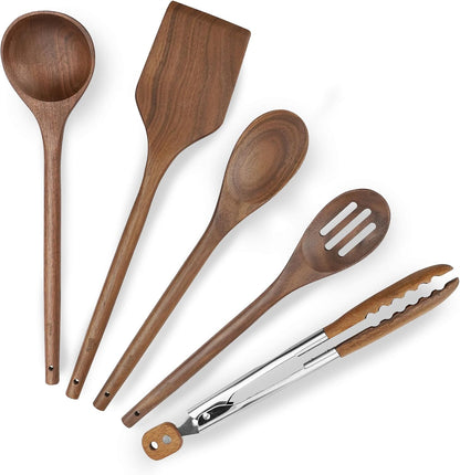 Elegant 5-Piece Walnut Wood Kitchen Utensil Set – Non-Scratch, Heat-Resistant Cooking Utensil Set with Kitchen Tongs, Spoons, Spatula & Ladle – Lightweight, Durable & Perfect for Daily Use or Gifting
