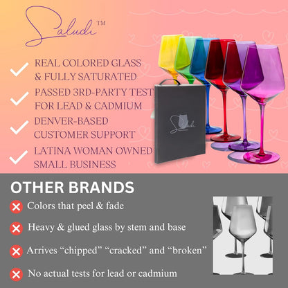 Saludi Colored Wine Glasses, 16.5oz (Set of 6) Stemmed Frida-Color Glass - Great for all Wine Types and Occasions - Luxury, Durable, Hand-Blown