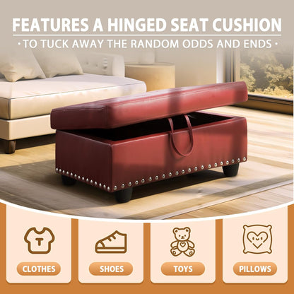 Ottoman Rectangular Storage Ottoman Bench, Faux Leather Footrest, Coffee Table, Stool Footstool with Hinged Lid for Living Room, Bedroom, Entryway, Red, 28.5"x19"x17.5"