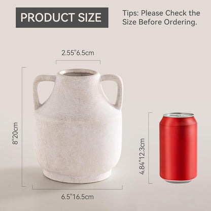 Mitt&Ditt Ceramic Flower Vase with Handles, 8 inch Tall Off-White Vase, Decorative Terracotta Vases, Farmhouse Rustic Pottery Vases for Home Decor, Living Room, Table