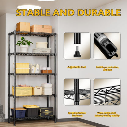 1250 lbs 5 Tier Shelf Metal Storage Shelves Shelving Wire Rack Heavy Duty Closet Organizers for Garage Kitchen Bathroom Laundry Black 15.7" D x 33.5" W x 68.5" H