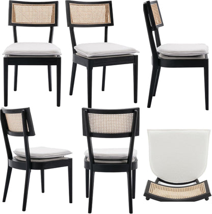 Rattan Dining Chairs Set Of 4 , Mid Century Modern Black Wooden Cane Back Chairs with Removable Linen Cushion , Retro Farmhouse Upholstered Kitchen & Dining Room Chairs for Restaurant Living Room
