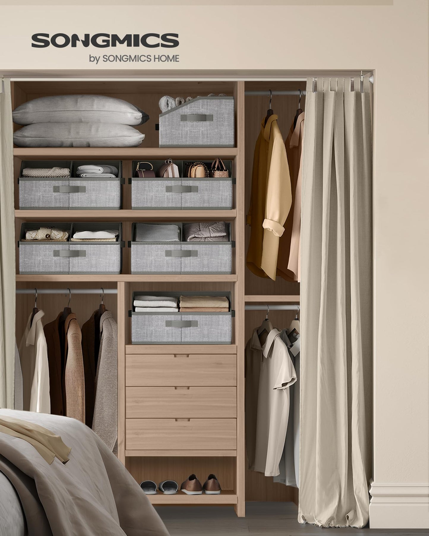 SONGMICS Storage Baskets, Set of 6, Foldable Closet Organizer for Shelves