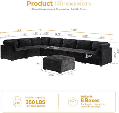 HOOOWOOO Modular Sectional Sofa,8 Pieces Sectional Couches for Living Room,164X66 L Shaped Cloud Couch with Ottoman Chaise Set(Black Velvet Corduroy)