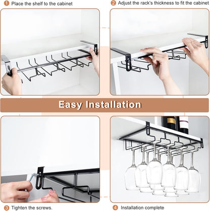 AUHOKY 2Pcs Adjustable Under Cabinet Stemware Metal Glass Holder, Hanging Wine Glass Storage Hanger Organizer for Shelf Kitchen Bar Decor(4 Rows, Black)