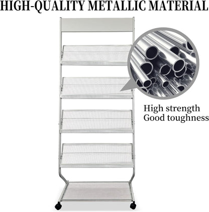 tongmo Floor-Standing Magazine Rack 4-Layer with Wheels, Brochure Display Stand, High-hardness metal for Exhibitions, Office, and Any Organization Requiring Information Display (White)