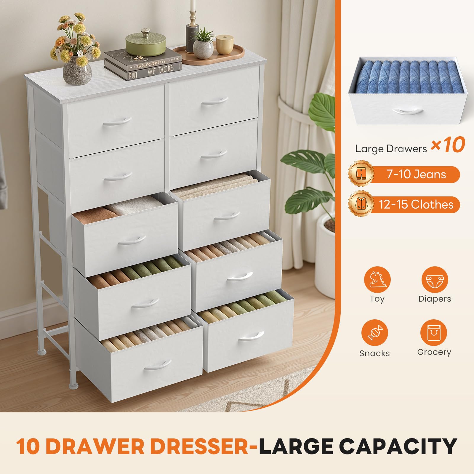 Sweetcrispy 10 Drawer Tall Dresser for Bedroom & Living Room, White