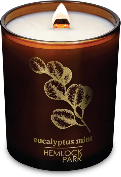 Hemlock Park Wood Wick Candle Handcrafted with Natural Coconut Wax and Essential Oils (Amber & Gold 7.2 oz, Eucalyptus Mint)