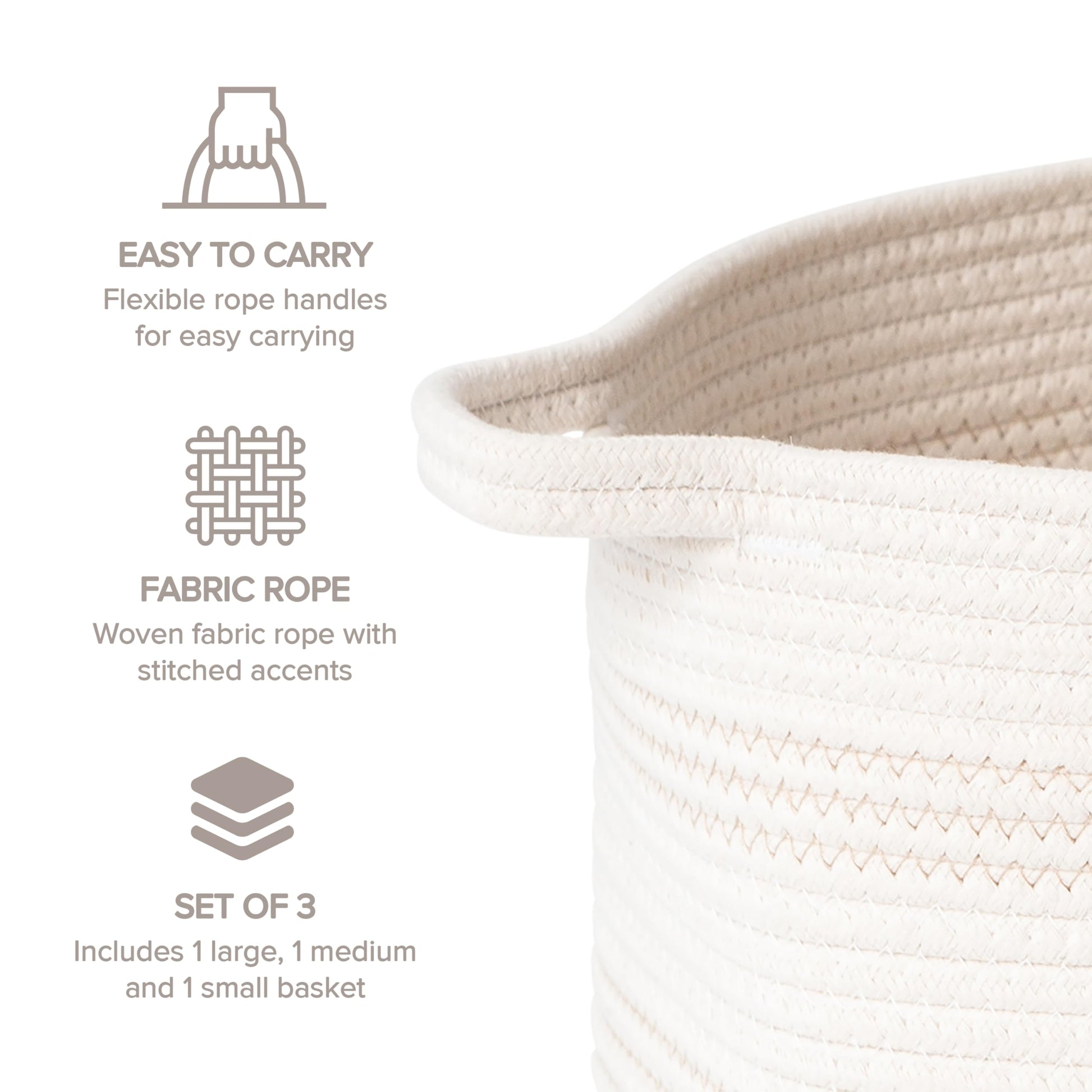 RGI Home Dog Toy Storage Baskets – Set of 3 Oval Fabric Rope Organizer Bins for Pet and Household