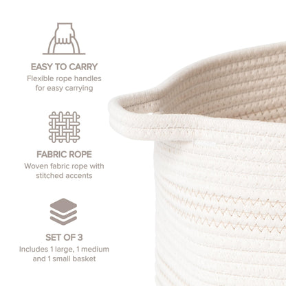 RGI Home Dog Toy Storage Baskets – Set of 3 Oval Fabric Rope Organizer Bins for Pet and Household