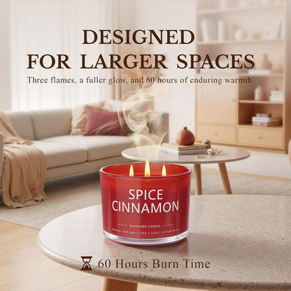 Cinnamon Spice Fall Candle, Large 3 Wick 12oz Luxury Candle, Elegant Autumn Gift for Women & Men, 60+ Hour Burn Time & Non-Toxic, Cozy Fall & Halloween Home Decor
