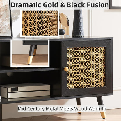 JYED Mid Century Modern TV Stand and Console for TVs Up to 75" - Black Entertainment Center, 2 Gold Metal Mesh Doors & MDF Wood Grain, 15.8" D x 66" W x 23.5" H