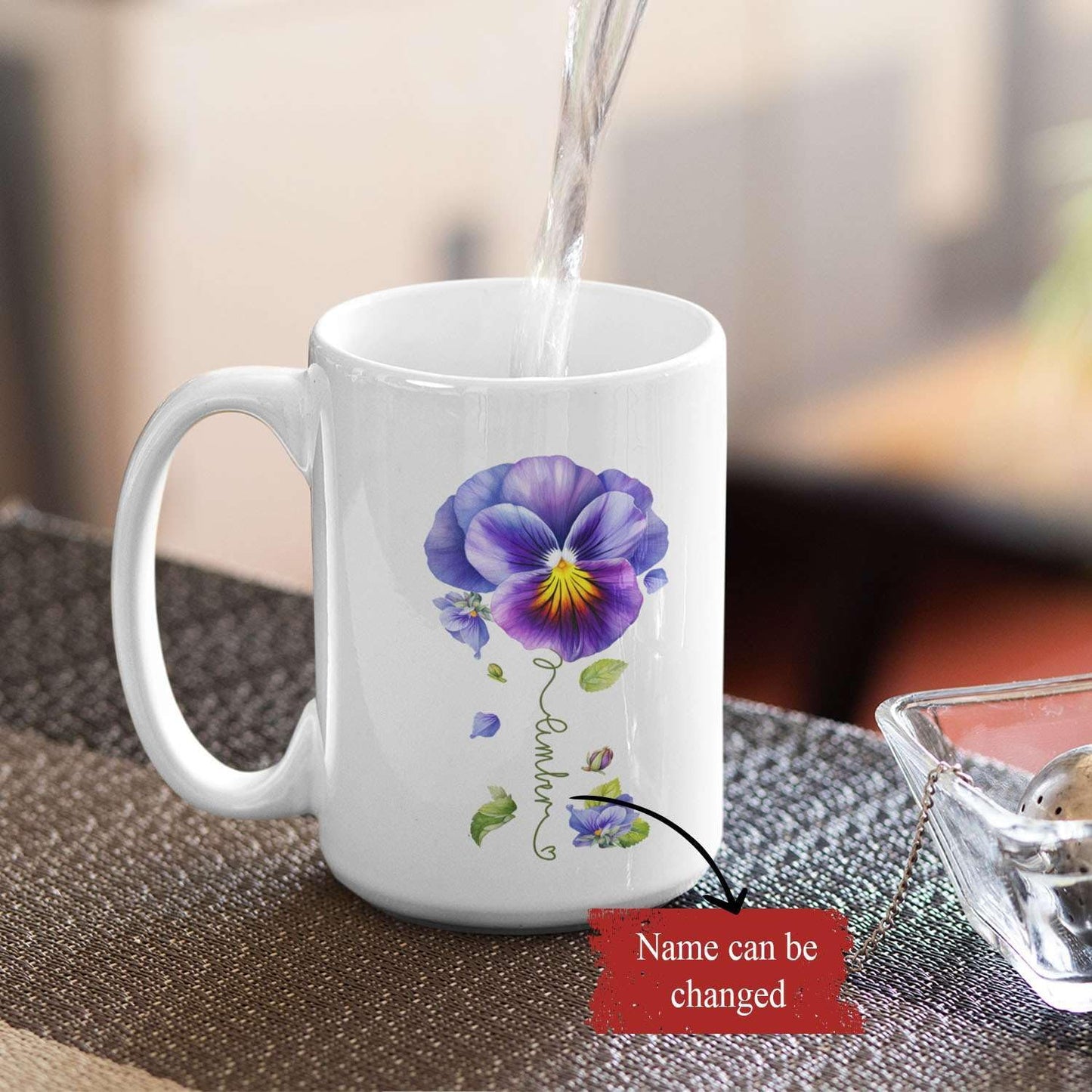 Pansy Design Ceramic Cup, Personalized Name Flower Themed Mug, Custom Coffee Cup For Pansy Flower Lover, Customized Floral Accent Mug 11oz 15oz, Pansy Cup Gift For Daughter