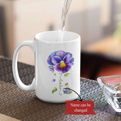 Pansy Design Ceramic Cup, Personalized Name Flower Themed Mug, Custom Coffee Cup For Pansy Flower Lover, Customized Floral Accent Mug 11oz 15oz, Pansy Cup Gift For Daughter